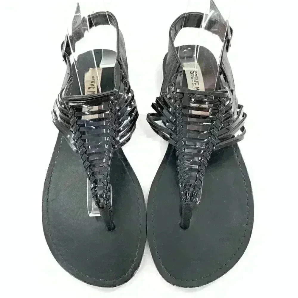 Steve Madden sandals 6.5 Starly black faux leather boho t-strap vintage y2k
